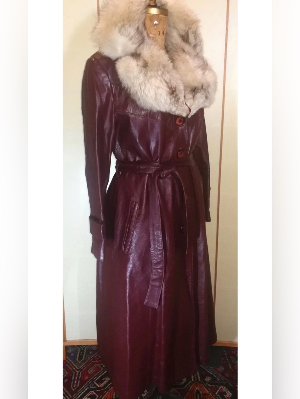 Women's Long Ox Blood Leather Trench Coat with Fur Collar